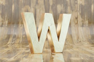 Altın 3d harf W büyük harf. Parlak, ıslak ahşap arka planda altın harfler. Kusurlu altın alfabe. 3d oluşturulmuş yazı tipi karakteri.