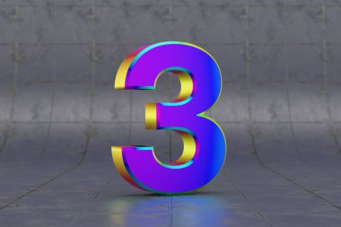 3 numaralı çok renkli 3D. Fayans zemininde parlak yanardöner numarası var. Stüdyo ışık yansımalı metal alfabe. 3d oluşturulmuş yazı tipi karakteri.