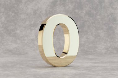 Altın 3D numara 0. Beton arka planda parlak altın bir rakam. Stüdyo ışık yansımalı metal alfabe. 3d oluşturulmuş yazı tipi karakteri.