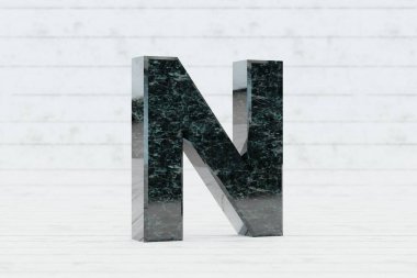 Mermer 3D harf N büyük harf. Beyaz ahşap arka planda koyu yeşil mermer harf. 3d oluşturulmuş yazı tipi karakteri.