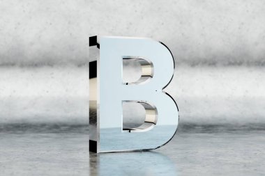 Krom 3D harf B büyük harf. Kazınmış metal arka planda parlak bir krom harf. Stüdyo ışık yansımalı metal alfabe. 3d oluşturulmuş yazı tipi karakteri.