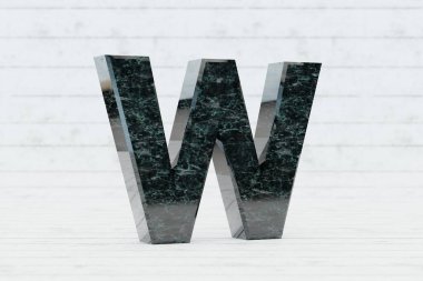 Mermer 3D harf W büyük harf. Beyaz ahşap arka planda koyu yeşil mermer harf. 3d oluşturulmuş yazı tipi karakteri.