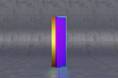 Çok renkli 3D harfli, büyük harfli. Fayans zemininde parlak yanardöner bir harf. Stüdyo ışık yansımalı metal alfabe. 3d oluşturulmuş yazı tipi karakteri.