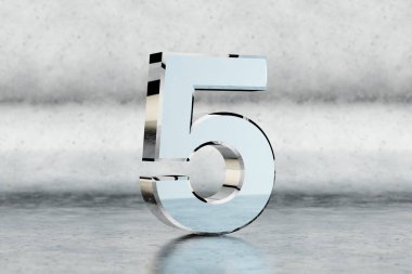Krom 3D numara 5. Çizik metal arka planda parlak krom numara. Stüdyo ışık yansımalı metal alfabe. 3d oluşturulmuş yazı tipi karakteri.