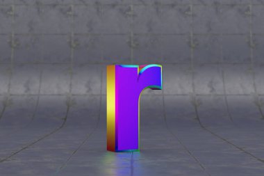 Çok renkli 3d harf R küçük harf. Fayans zemininde parlak yanardöner bir harf. Stüdyo ışık yansımalı metal alfabe. 3d oluşturulmuş yazı tipi karakteri.