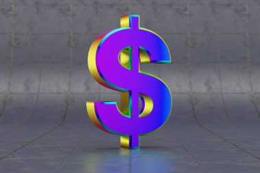 Çok renkli 3D dolar sembolü. Fayans kaplamasında parlak yanardöner işareti var. Stüdyo ışık yansımalı metal alfabe. 3d oluşturulmuş yazı tipi karakteri.