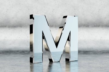 Krom 3d harfli M büyük harf. Kazınmış metal arka planda parlak bir krom harf. Stüdyo ışık yansımalı metal alfabe. 3d oluşturulmuş yazı tipi karakteri.
