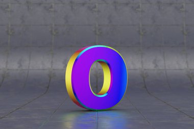 Çoklu renkli 3D harf O küçük harf. Fayans zemininde parlak yanardöner bir harf. Stüdyo ışık yansımalı metal alfabe. 3d oluşturulmuş yazı tipi karakteri.