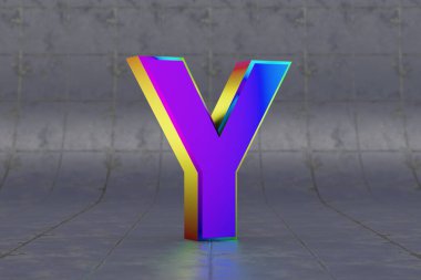 Çoklu renkli 3d harf Y büyük harf. Fayans zemininde parlak yanardöner bir harf. Stüdyo ışık yansımalı metal alfabe. 3d oluşturulmuş yazı tipi karakteri.