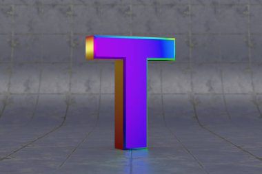 Çoklu renkli 3d harf T büyük harf. Fayans zemininde parlak yanardöner bir harf. Stüdyo ışık yansımalı metal alfabe. 3d oluşturulmuş yazı tipi karakteri.