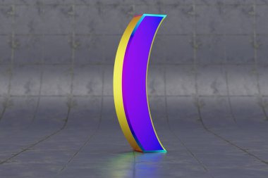 Çoklu renkli 3d yuvarlak parantez sembolü. Fayans kaplamasında parlak yanardöner işareti var. Stüdyo ışık yansımalı metal alfabe. 3d oluşturulmuş yazı tipi karakteri.