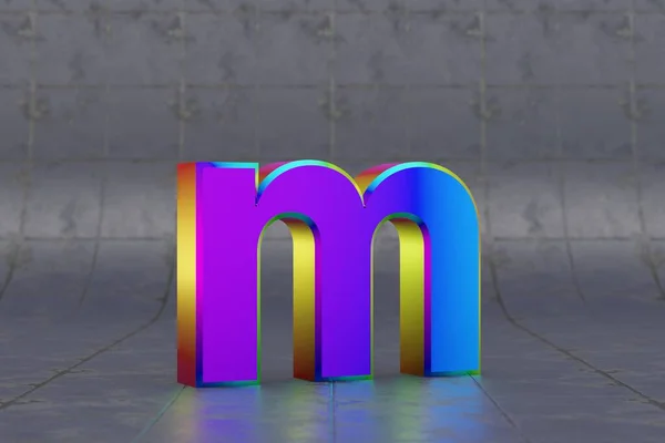 多色3D文字M小文字 タイルの背景に光沢のある虹色の文字 スタジオ光の反射を持つ金属アルファベット 3Dレンダリングフォント文字 — ストック写真