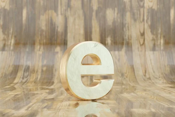 Gold 3d letter E lowercase. Golden letter on glossy wet wooden background. Golden alphabet with imperfections. 3d rendered font character.
