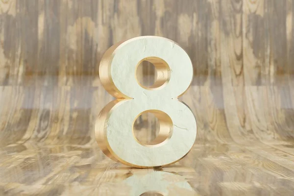 八号黄金3D号金色的数字在光滑潮湿的木制背景上 黄金字母表有缺陷 3D渲染字体字符 — 图库照片