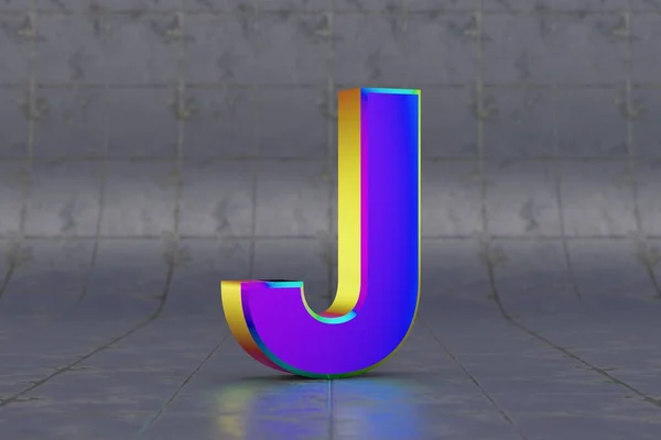 彩色3D字母J大写字母 瓷砖背景上光滑的彩虹色字母 带有演播室光反射的金属字母 3D渲染字体字符 — 图库照片