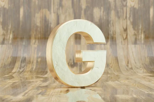 Gold 3d letter G uppercase. Golden letter on glossy wet wooden background. Golden alphabet with imperfections. 3d rendered font character.