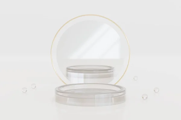 Glass tray with mirror and transparent glass beads on white background. Best for product presentation. 3D rendering.
