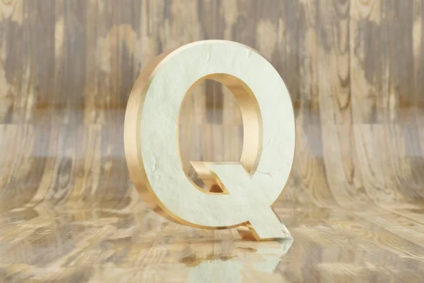Gold 3d letter Q uppercase. Golden letter on glossy wet wooden background. Golden alphabet with imperfections. 3d rendered font character.