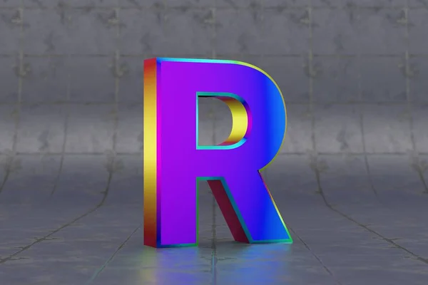 多色3D字母R大写字母 瓷砖背景上光滑的彩虹色字母 带有演播室光反射的金属字母 3D渲染字体字符 — 图库照片