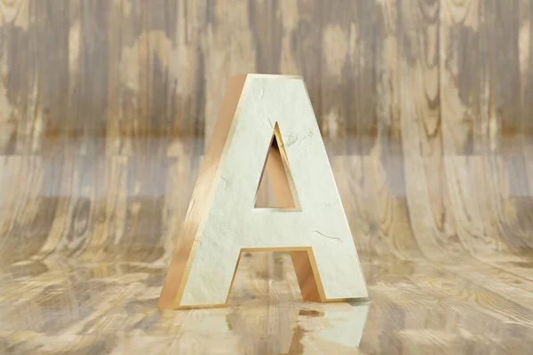 Gold 3d letter A uppercase. Golden letter on glossy wet wooden background. Golden alphabet with imperfections. 3d rendered font character.