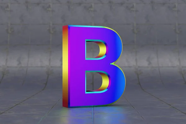 彩色3D字母B大写字母 瓷砖背景上光滑的彩虹色字母 带有演播室光反射的金属字母 3D渲染字体字符 — 图库照片