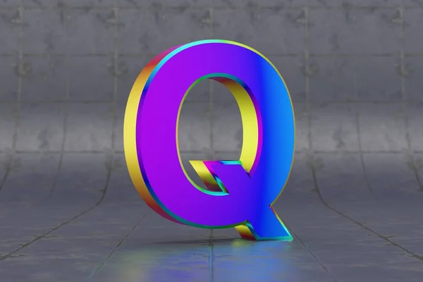 彩色3D字母Q大写字母大写字母 瓷砖背景上光滑的彩虹色字母 带有演播室光反射的金属字母 3D渲染字体字符 — 图库照片