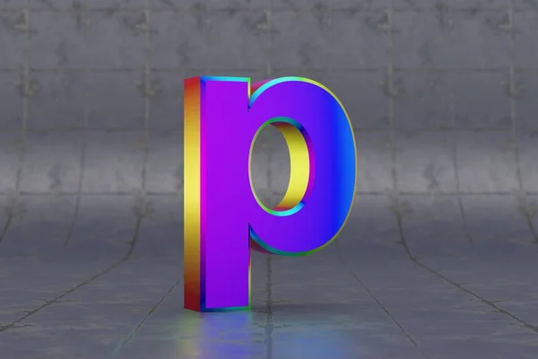 多色3D文字P小文字 タイルの背景に光沢のある虹色の文字 スタジオ光の反射を持つ金属アルファベット 3Dレンダリングフォント文字 — ストック写真