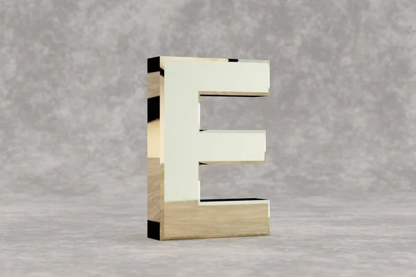 Gold 3d letter E uppercase. Glossy golden letter on concrete background. Metallic alphabet with studio light reflections. 3d rendered font character.