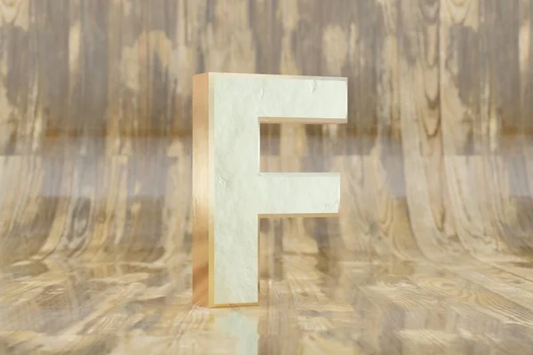 Gold 3d letter F uppercase. Golden letter on glossy wet wooden background. Golden alphabet with imperfections. 3d rendered font character.