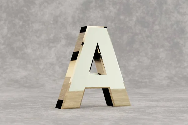 Gold 3d letter A uppercase. Glossy golden letter on concrete background. Metallic alphabet with studio light reflections. 3d rendered font character.