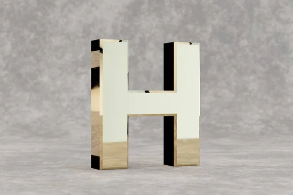 Gold 3d letter H uppercase. Glossy golden letter on concrete background. Metallic alphabet with studio light reflections. 3d rendered font character.