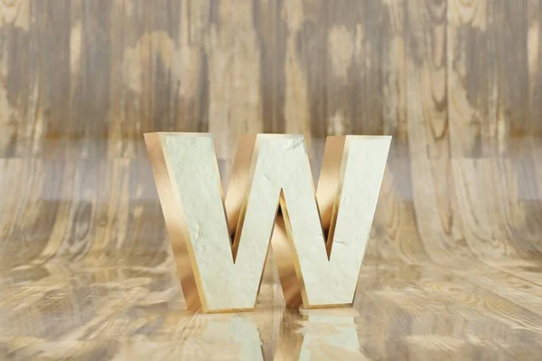 Gold 3d letter W lowercase. Golden letter on glossy wet wooden background. Golden alphabet with imperfections. 3d rendered font character.