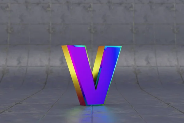 多色3D文字V小文字 タイルの背景に光沢のある虹色の文字 スタジオ光の反射を持つ金属アルファベット 3Dレンダリングフォント文字 — ストック写真