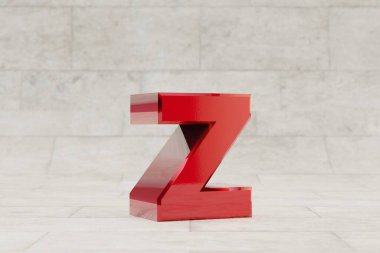 Kırmızı 3 boyutlu Z harfi küçük harf. Taş kaplamalı parlak kırmızı metalik harf. Stüdyo ışık yansımalı parlak metal alfabe. 3d oluşturulmuş yazı tipi karakteri.