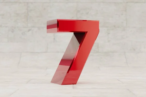 Red 3d number 7. Glossy red metallic number on stone tile background. Shiny metal alphabet with studio light reflections. 3d rendered font character.