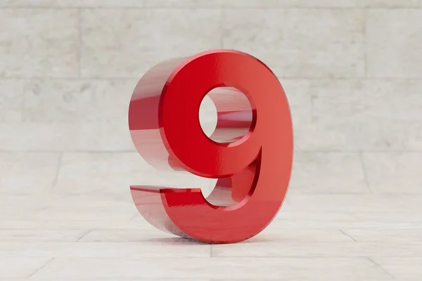 红色3D 9号石材底座上光滑的红色金属编号 带有工作室光反射的新金属字母表 3D渲染字体字符 — 图库照片
