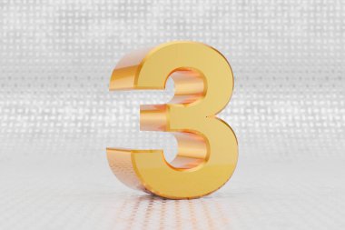 Sarı 3D numara 3. Metal zemin zemininde parlak sarı metalik numara var. Stüdyo ışık yansımalı parlak altın metal alfabe. 3d oluşturulmuş yazı tipi karakteri.