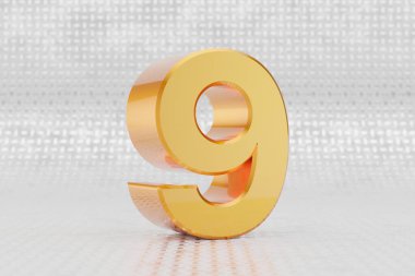 Sarı 3D numara 9. Metal zemin zemininde parlak sarı metalik numara var. Stüdyo ışık yansımalı parlak altın metal alfabe. 3d oluşturulmuş yazı tipi karakteri.