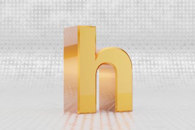 Sarı 3 boyutlu H harfi küçük harf. Metal zemin üzerinde parlak sarı metalik harf. Stüdyo ışık yansımalı parlak altın metal alfabe. 3d oluşturulmuş yazı tipi karakteri.