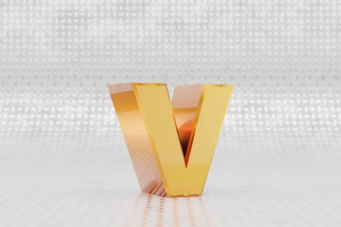 Sarı 3D harf V küçük harf. Metal zemin üzerinde parlak sarı metalik harf. Stüdyo ışık yansımalı parlak altın metal alfabe. 3d oluşturulmuş yazı tipi karakteri.