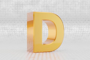 Sarı 3d harfi D büyük harf. Metal zemin üzerinde parlak sarı metalik harf. Stüdyo ışık yansımalı parlak altın metal alfabe. 3d oluşturulmuş yazı tipi karakteri.