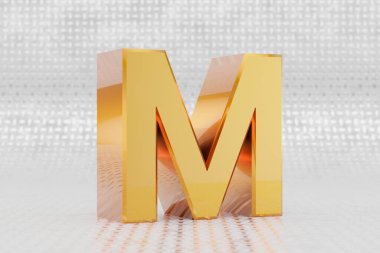 Sarı 3d harfli M büyük harf. Metal zemin üzerinde parlak sarı metalik harf. Stüdyo ışık yansımalı parlak altın metal alfabe. 3d oluşturulmuş yazı tipi karakteri.