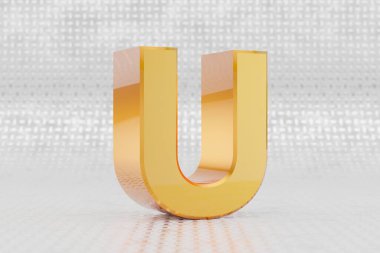 Sarı 3d harf U büyük harf. Metal zemin üzerinde parlak sarı metalik harf. Stüdyo ışık yansımalı parlak altın metal alfabe. 3d oluşturulmuş yazı tipi karakteri.
