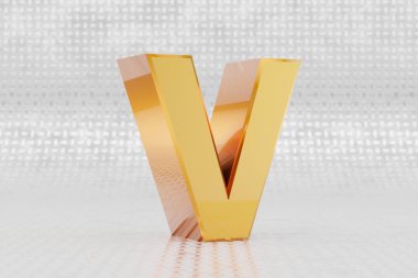Sarı 3d harfli V büyük harf. Metal zemin üzerinde parlak sarı metalik harf. Stüdyo ışık yansımalı parlak altın metal alfabe. 3d oluşturulmuş yazı tipi karakteri.