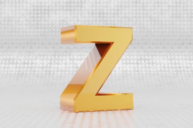 Sarı 3d harfli Z büyük harf. Metal zemin üzerinde parlak sarı metalik harf. Stüdyo ışık yansımalı parlak altın metal alfabe. 3d oluşturulmuş yazı tipi karakteri.