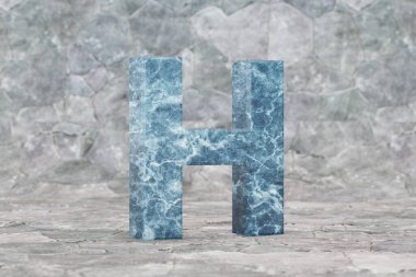 3 boyutlu mermer H büyük harf. Taş zemin üzerinde mavi mermer harf. 3d oluşturulmuş yazı tipi karakteri.