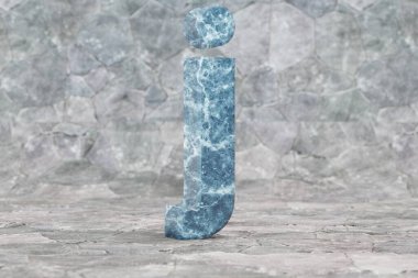 Küçük J harfi mermer. Taş zemin üzerinde mavi mermer harf. 3d oluşturulmuş yazı tipi karakteri.
