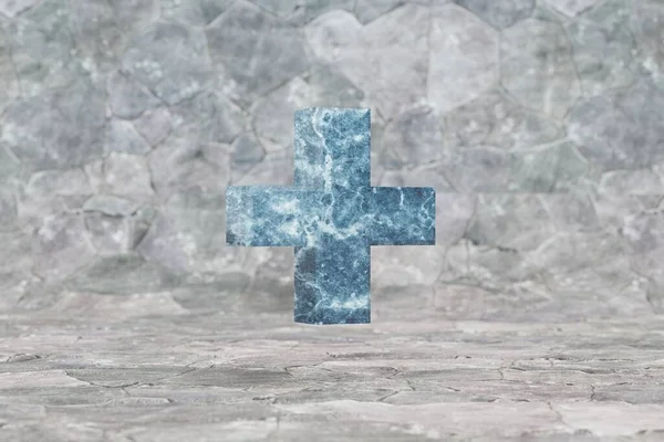 大理石の3Dプラス記号 石の背景に青い大理石の標識 3Dレンダリングフォント文字 — ストック写真