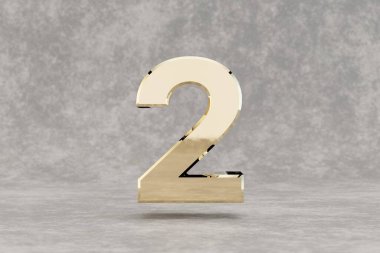 Altın 3D numara 2. Beton arka planda parlak altın bir rakam. Stüdyonun ışık yansımaları olan metalik bir rakam. 3d hazırlayıcı.