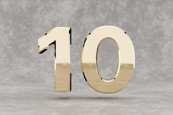 金の3D番号10 具体的な背景に光沢のある黄金の番号 スタジオの光の反射と金属桁 3Dレンダリング — ストック写真